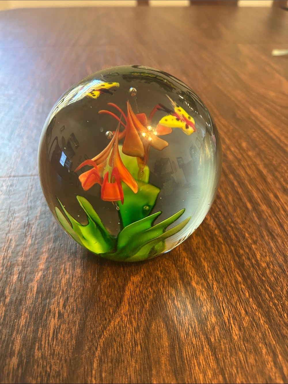 Vintage 2.5 lb paper weight with orange lily’s and two butterflies.